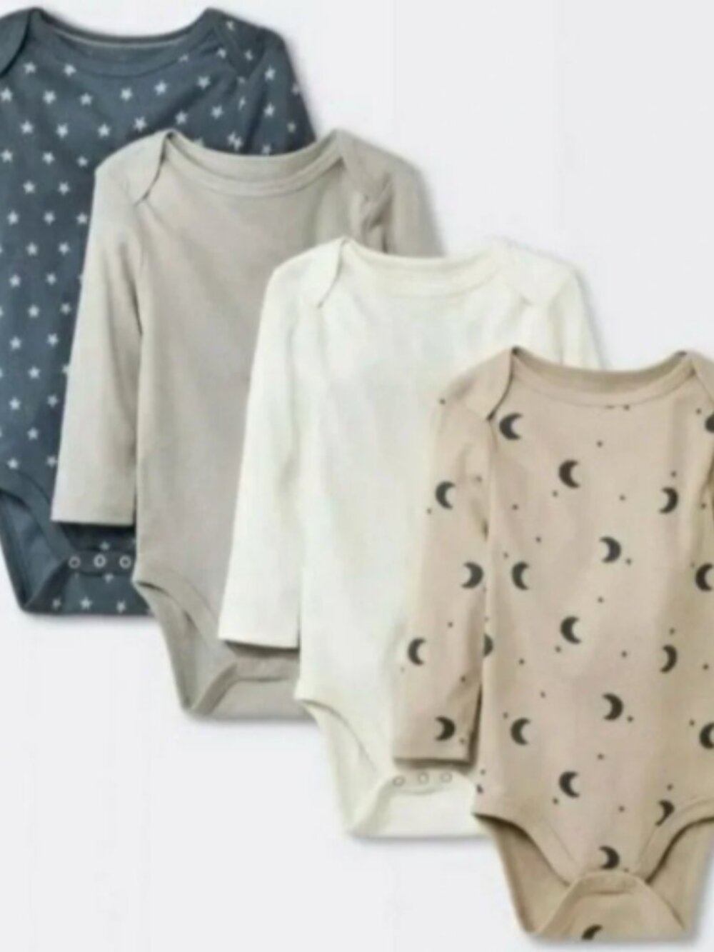 Cloud Island 4-Pack Long Sleeve Baby Bodysuits Tan Gray Stars Moons 0-3 Months